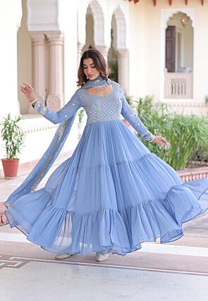 Embroidered Georgette Tiered Abaya Style Suit in Sky Blue