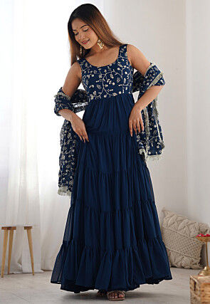 Embroidered Georgette Tiered Abaya Style Suit in Teal Blue