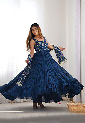 Embroidered Georgette Tiered Abaya Style Suit in Teal Blue
