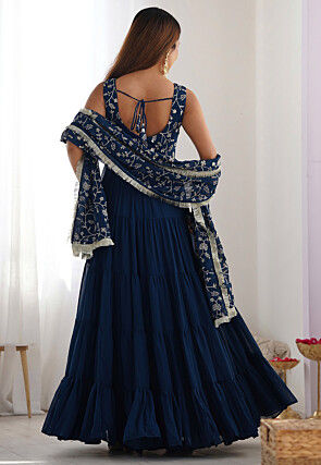 Embroidered Georgette Tiered Abaya Style Suit in Teal Blue
