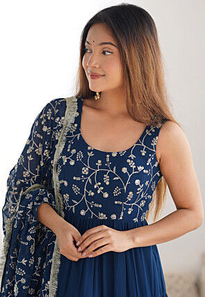 Embroidered Georgette Tiered Abaya Style Suit in Teal Blue