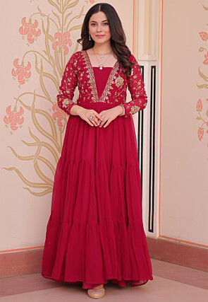 Embroidered Georgette Tiered Gown in Fuchsia