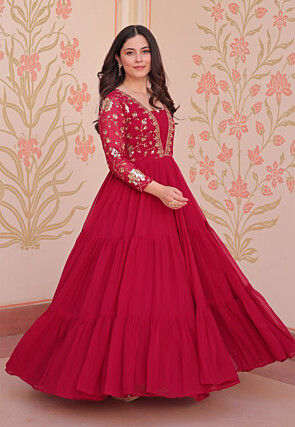 Embroidered Georgette Tiered Gown in Fuchsia