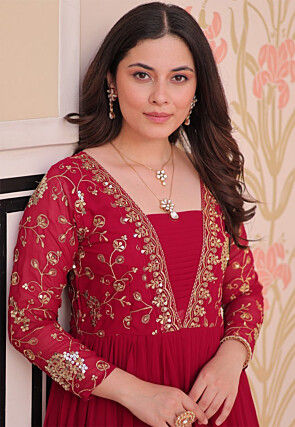 Embroidered Georgette Tiered Gown in Fuchsia