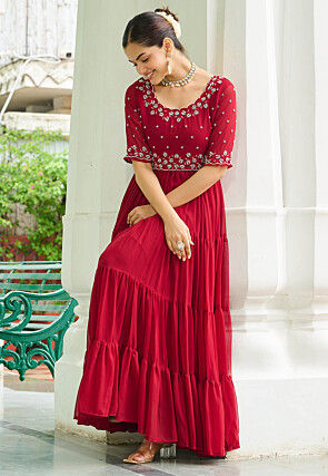 Embroidered Georgette Tiered Gown in Pink