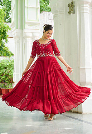 Embroidered Georgette Tiered Gown in Pink