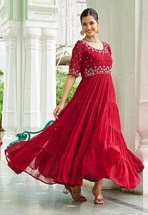 Embroidered Georgette Tiered Gown in Pink
