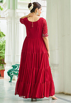 Embroidered Georgette Tiered Gown in Pink