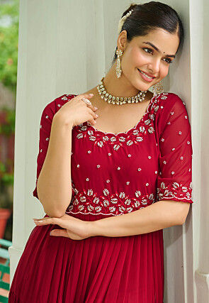 Embroidered Georgette Tiered Gown in Pink