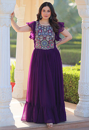 Embroidered Georgette Tiered Gown in Purple