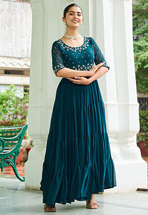 Embroidered Georgette Tiered Gown in Teal Blue