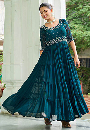 Embroidered Georgette Tiered Gown in Teal Blue