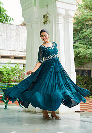 Embroidered Georgette Tiered Gown in Teal Blue