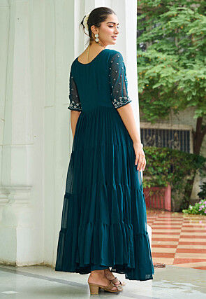 Embroidered Georgette Tiered Gown in Teal Blue