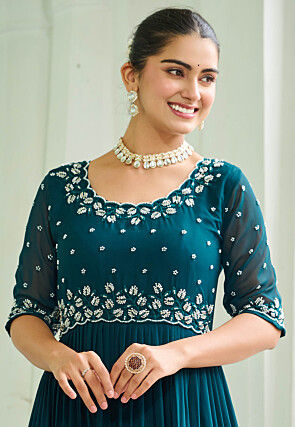 Embroidered Georgette Tiered Gown in Teal Blue