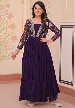 Embroidered Georgette Tiered Gown in Wine