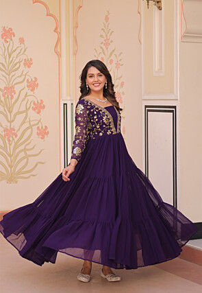 Embroidered Georgette Tiered Gown in Wine