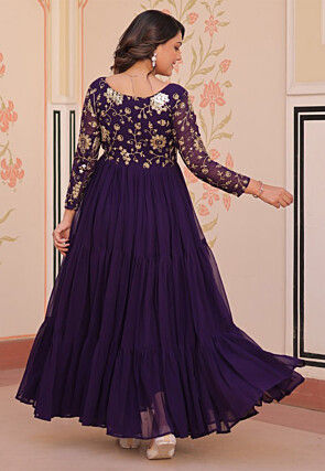 Embroidered Georgette Tiered Gown in Wine