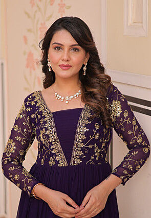 Embroidered Georgette Tiered Gown in Wine