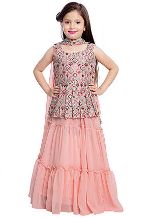 Embroidered Georgette Tiered Lehenga in Peach