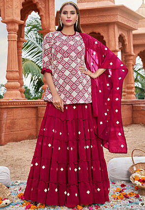 Embroidered Georgette Tiered Lehenga in Pink