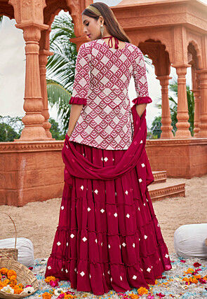 Embroidered Georgette Tiered Lehenga in Pink