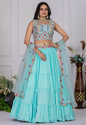 Embroidered Georgette Tiered Lehenga in Sky Blue