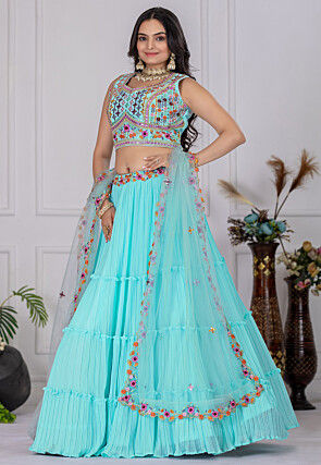 Embroidered Georgette Tiered Lehenga in Sky Blue