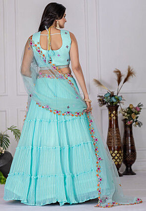 Embroidered Georgette Tiered Lehenga in Sky Blue