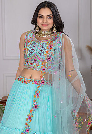 Embroidered Georgette Tiered Lehenga in Sky Blue