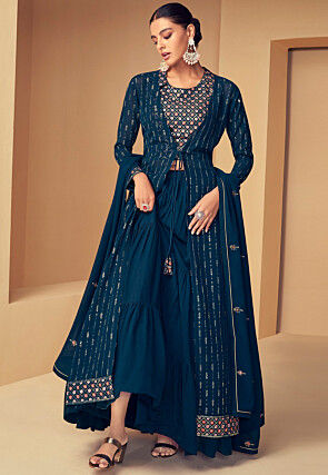 Embroidered Georgette Tiered Lehenga in Teal Blue