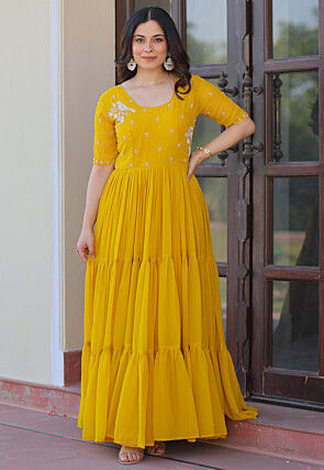 Embroidered Georgette Tiered Gown in Mustard