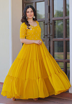 Embroidered Georgette Tiered Gown in Mustard