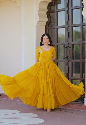 Embroidered Georgette Tiered Gown in Mustard