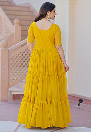 Embroidered Georgette Tiered Gown in Mustard