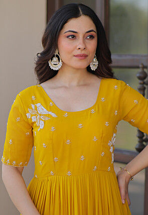 Embroidered Georgette Tiered Gown in Mustard