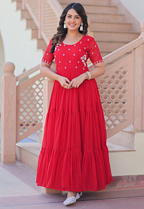 Embroidered Georgette Tiered Gown in Red