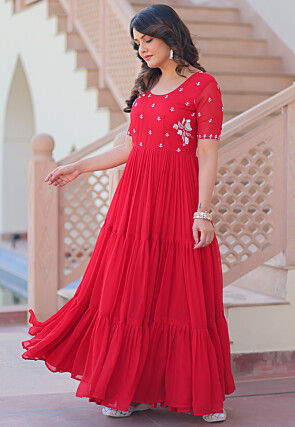 Embroidered Georgette Tiered Gown in Red