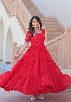 Embroidered Georgette Tiered Gown in Red