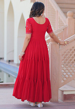 Embroidered Georgette Tiered Gown in Red