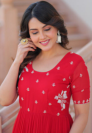 Embroidered Georgette Tiered Gown in Red