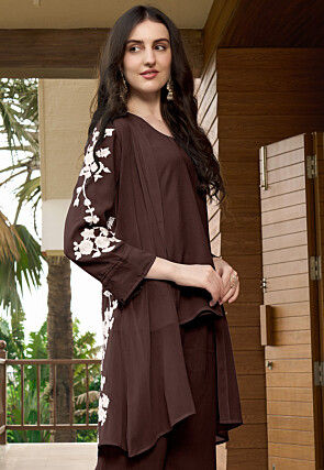 Embroidered Georgette Top in Brown