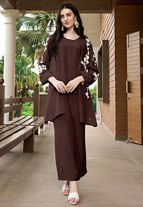 Embroidered Georgette Top in Brown