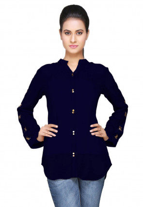 Embroidered Georgette Top in Navy Blue