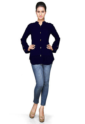 Embroidered Georgette Top in Navy Blue