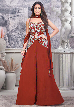 Embroidered Georgette Top Set in Brown
