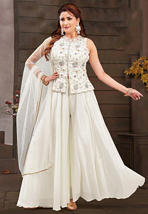 Embroidered Georgette Top Set in Off White