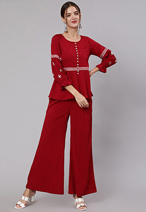 Embroidered Georgette Top Set in Red