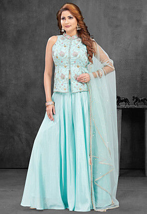 Embroidered Georgette Top Set in Sky Blue