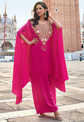 Embroidered Georgette Tunic Set in Fuchsia